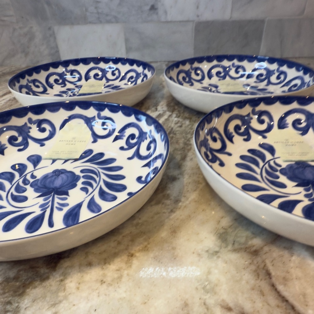 Artisan De Luxe Blue Rose Scroll Melamine 8.5” Pasta Salad Bowls Set Of 4 New